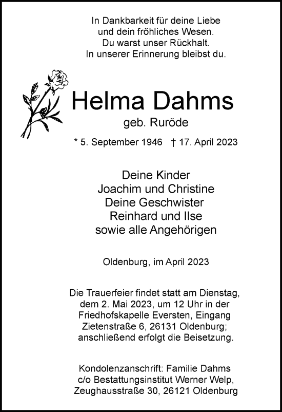 Traueranzeige von Helma Dahms von Nordwest-Zeitung