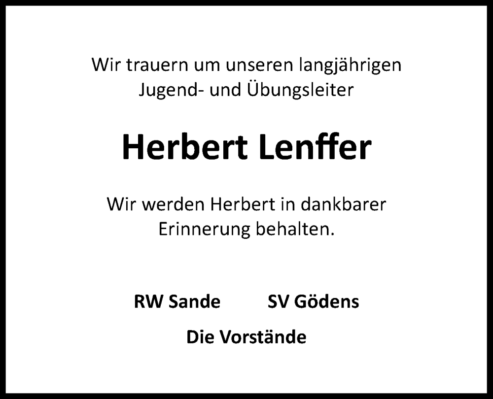  Traueranzeige für Herbert  Lenffer vom 06.04.2023 aus WZ/JW/AH