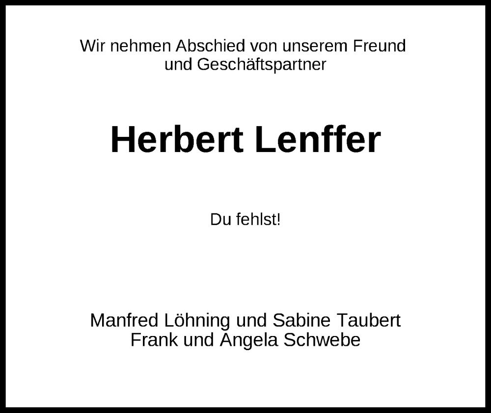  Traueranzeige für Herbert  Lenffer vom 01.04.2023 aus WZ/JW/AH