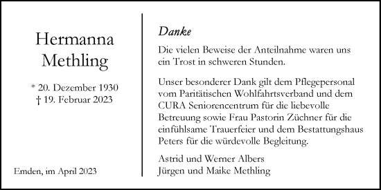 Traueranzeigen Von Hermanna Methling | Nordwest-trauer.de