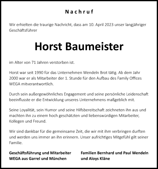 Traueranzeige von Horst Baumeister von Nordwest-Zeitung