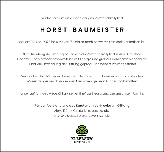 Traueranzeige von Horst Baumeister von Nordwest-Zeitung