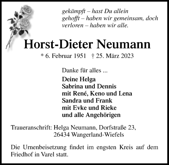 Traueranzeige von Horst-Dieter Neumann von WZ/JW/AH