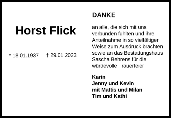Traueranzeige von Horst Flick von Nordwest-Zeitung