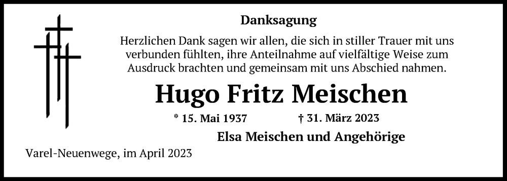  Traueranzeige für Hugo Fritz Meischen vom 29.04.2023 aus Nordwest-Zeitung