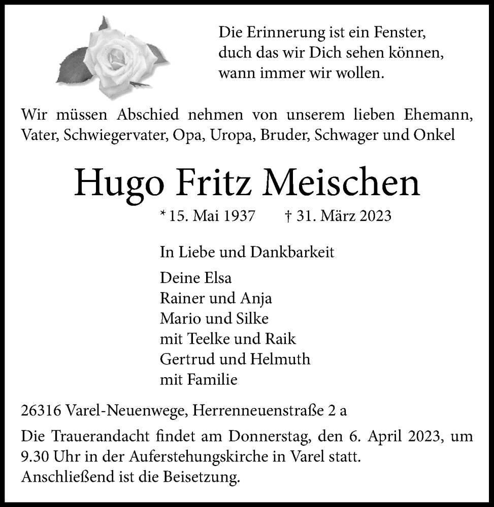  Traueranzeige für Hugo Fritz Meischen vom 04.04.2023 aus Nordwest-Zeitung
