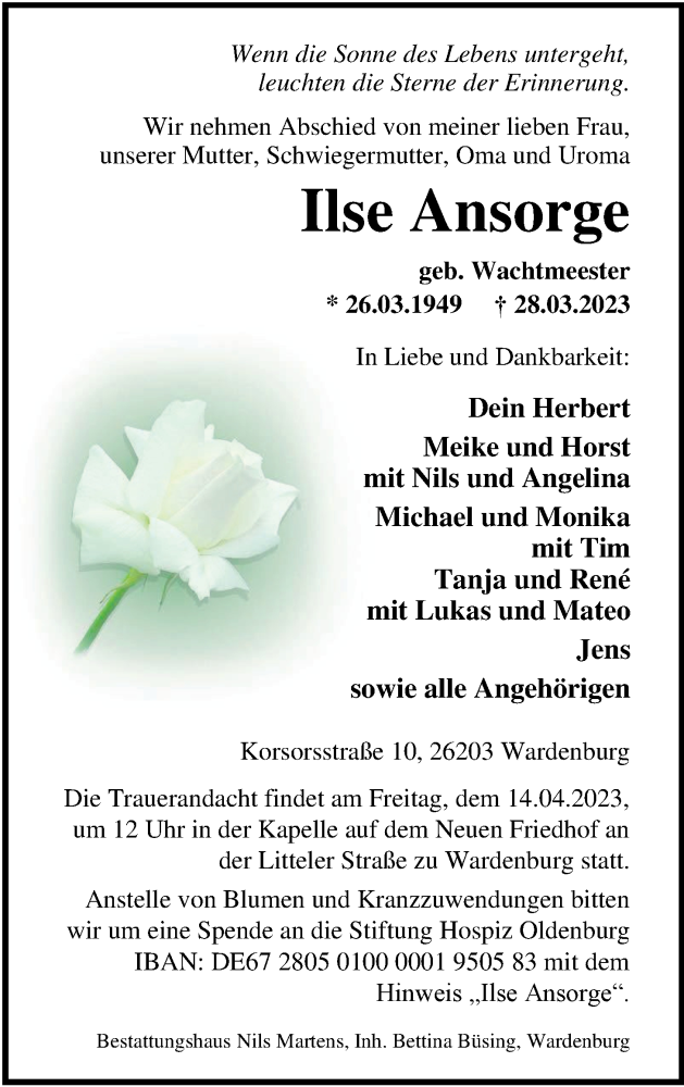  Traueranzeige für Ilse Ansorge vom 11.04.2023 aus Nordwest-Zeitung