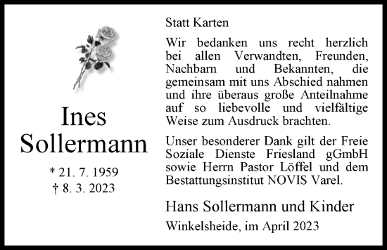 Traueranzeige von Ines Sollermann von Nordwest-Zeitung