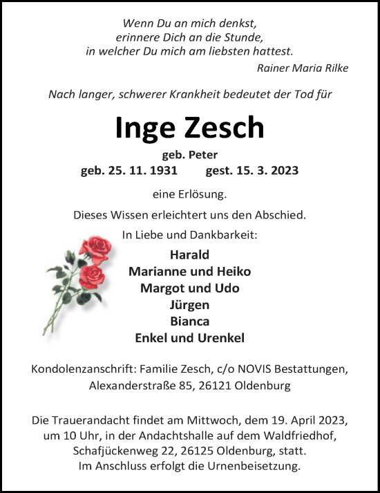 Traueranzeige von Inge Zesch von Nordwest-Zeitung