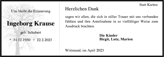 Traueranzeige von Ingeborg Krause von WZ/JW/AH