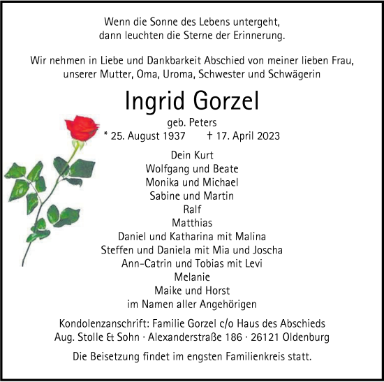 Traueranzeige von Ingrid Gorzel von Nordwest-Zeitung