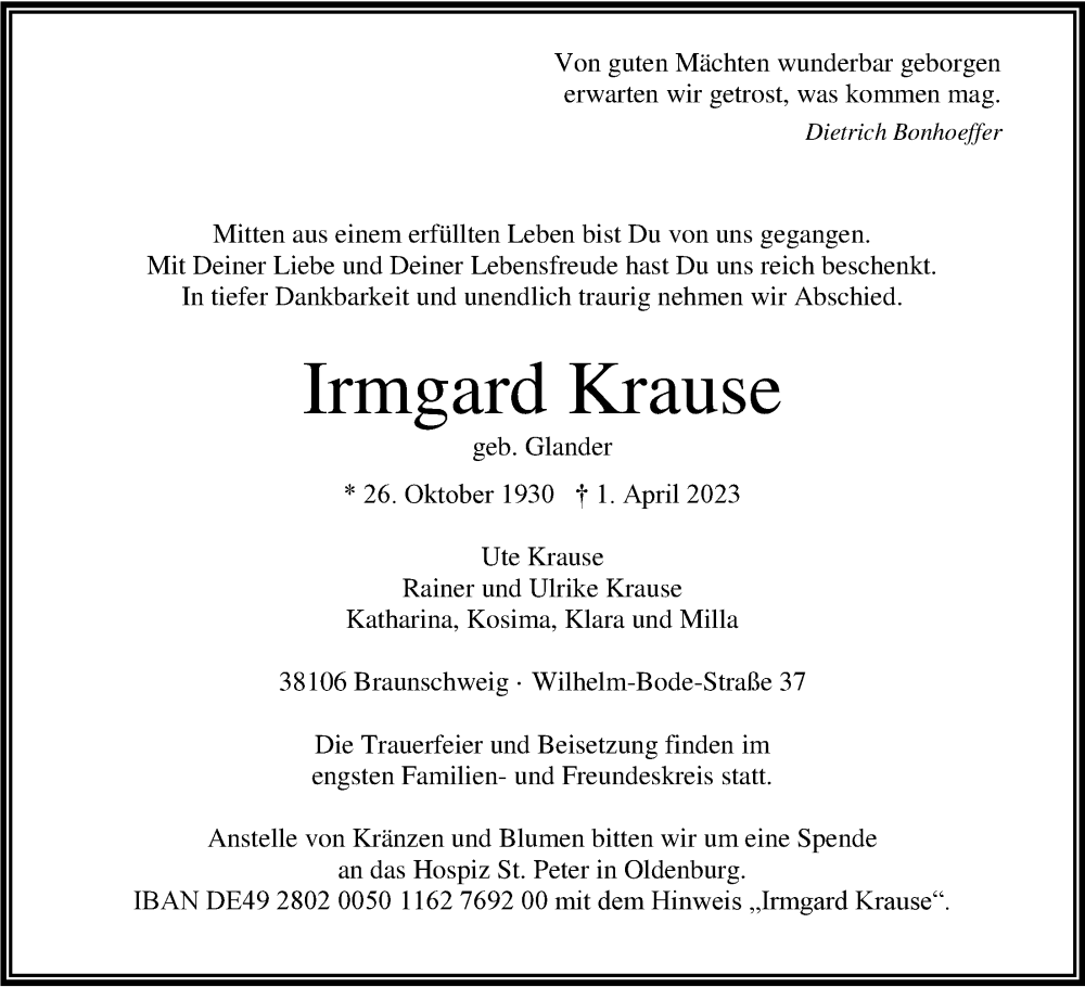  Traueranzeige für Irmgard Krause vom 15.04.2023 aus Nordwest-Zeitung
