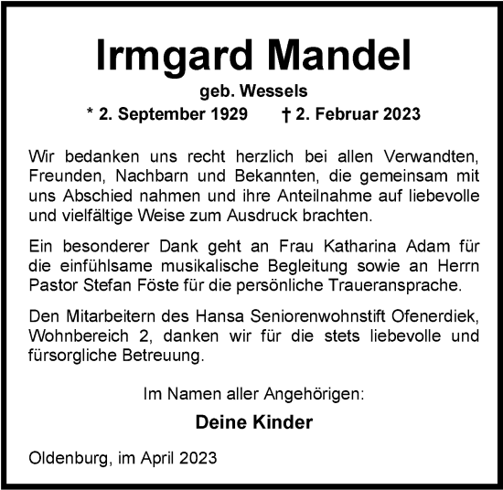 Traueranzeige von Irmgard Mandel von Nordwest-Zeitung