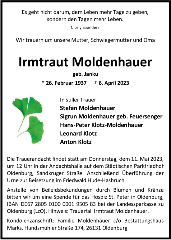 Traueranzeige von Irmtraut Moldenhauer von Nordwest-Zeitung
