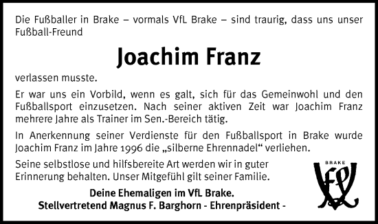 Traueranzeige von Joachim Franz von Nordwest-Zeitung