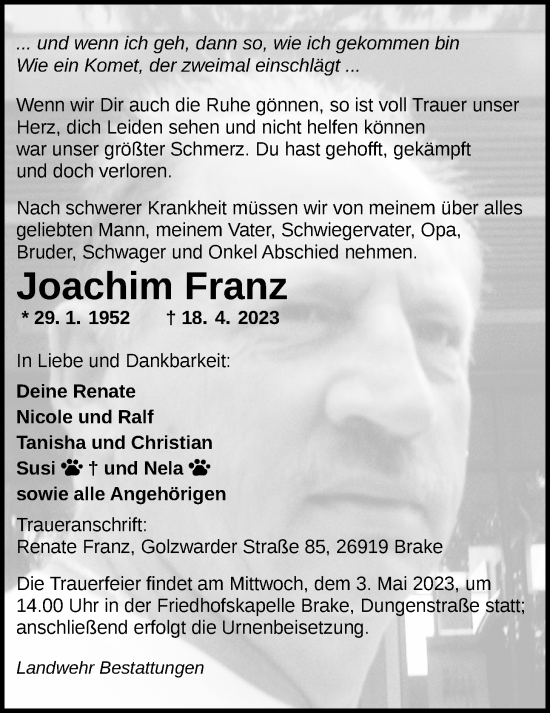 Traueranzeige von Joachim Franz von Nordwest-Zeitung