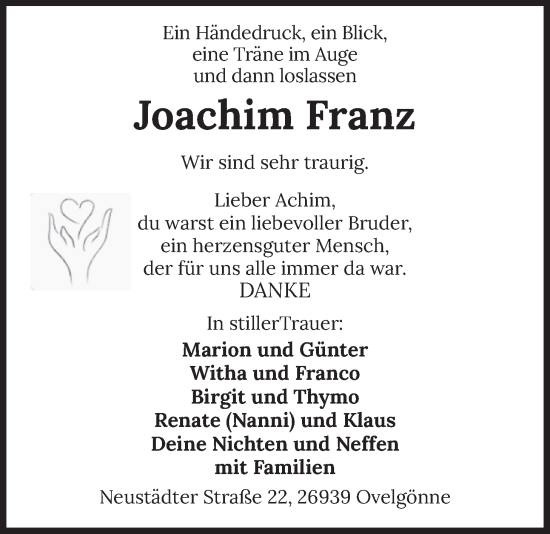 Traueranzeige von Joachim Franz von Nordwest-Zeitung