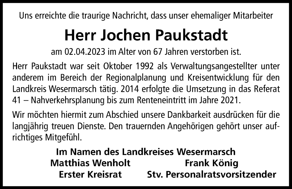 Traueranzeige für Jochen Paukstadt vom 06.04.2023 aus Nordwest-Zeitung
