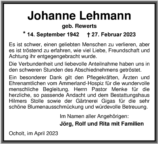 Traueranzeige von Johanne Lehmann von Nordwest-Zeitung
