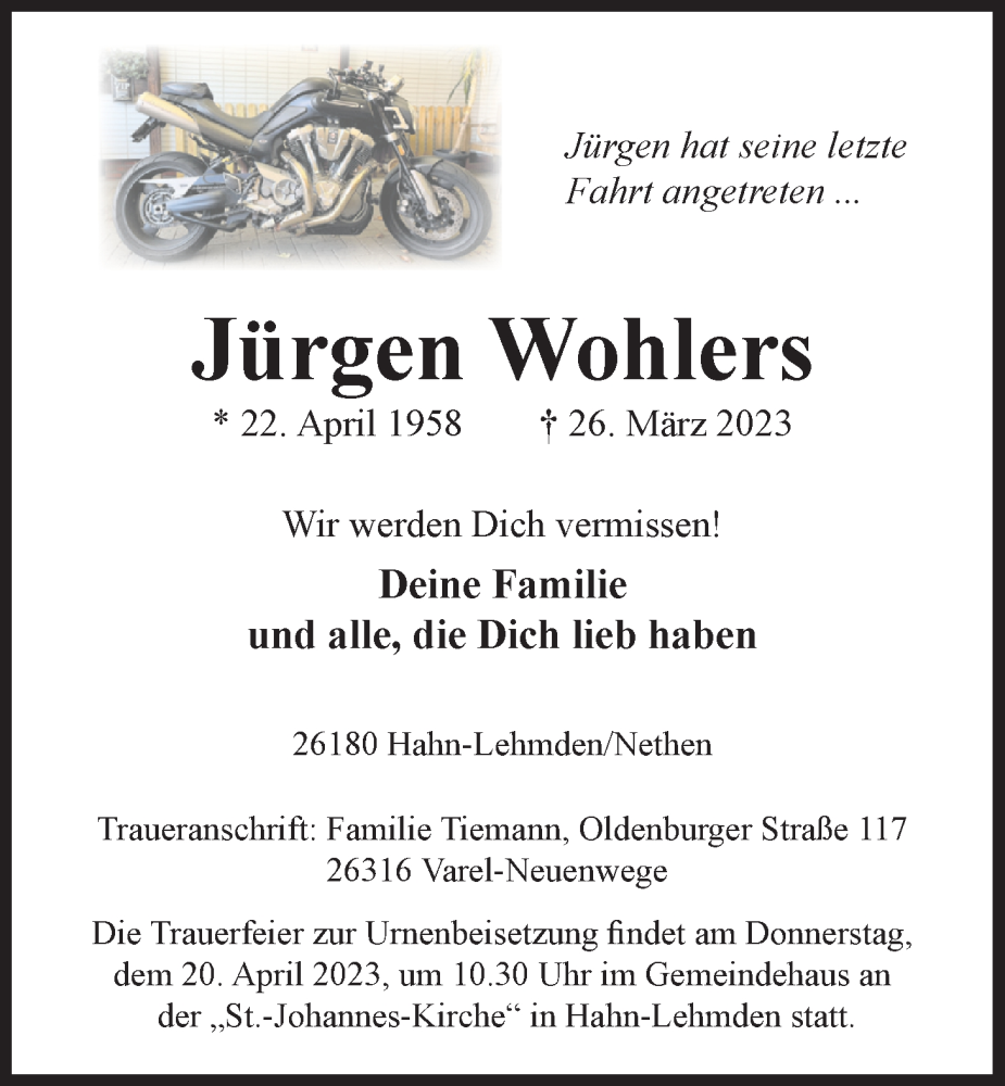  Traueranzeige für Jürgen Wohlers vom 14.04.2023 aus Nordwest-Zeitung