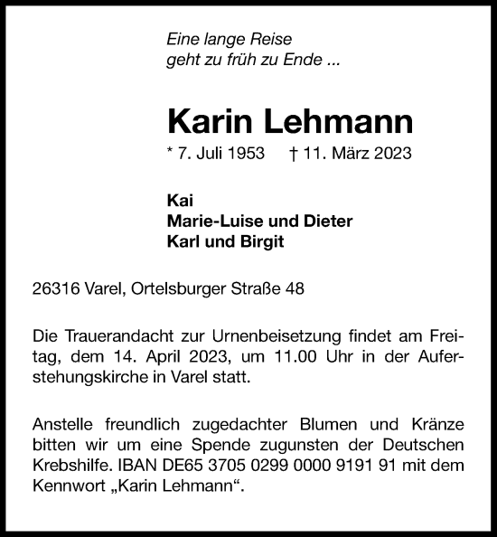 Traueranzeige von Karin Lehmann von Nordwest-Zeitung
