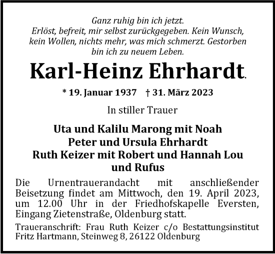 Traueranzeige von Karl-Heinz Ehrhardt von Nordwest-Zeitung