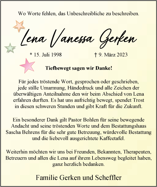 Traueranzeige von Lena Vanessa Gerken von Nordwest-Zeitung