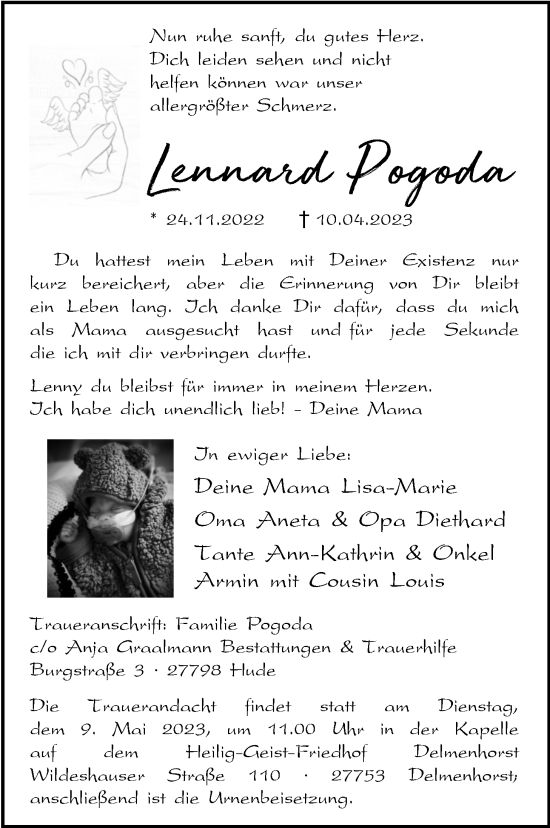 Traueranzeige von Lennard Pogoda von Nordwest-Zeitung