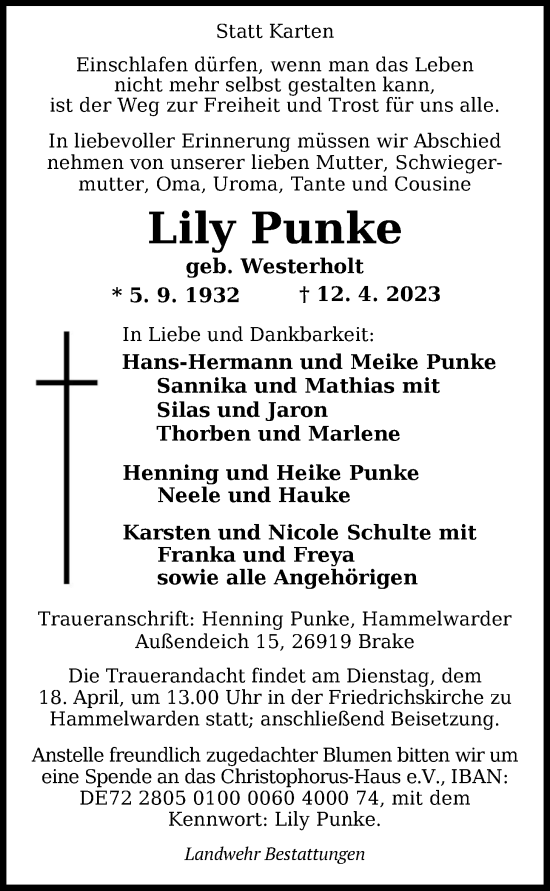 Traueranzeige von Lily Punke von Nordwest-Zeitung