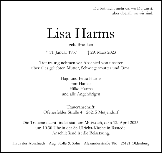Traueranzeige von Lisa Harms von Nordwest-Zeitung