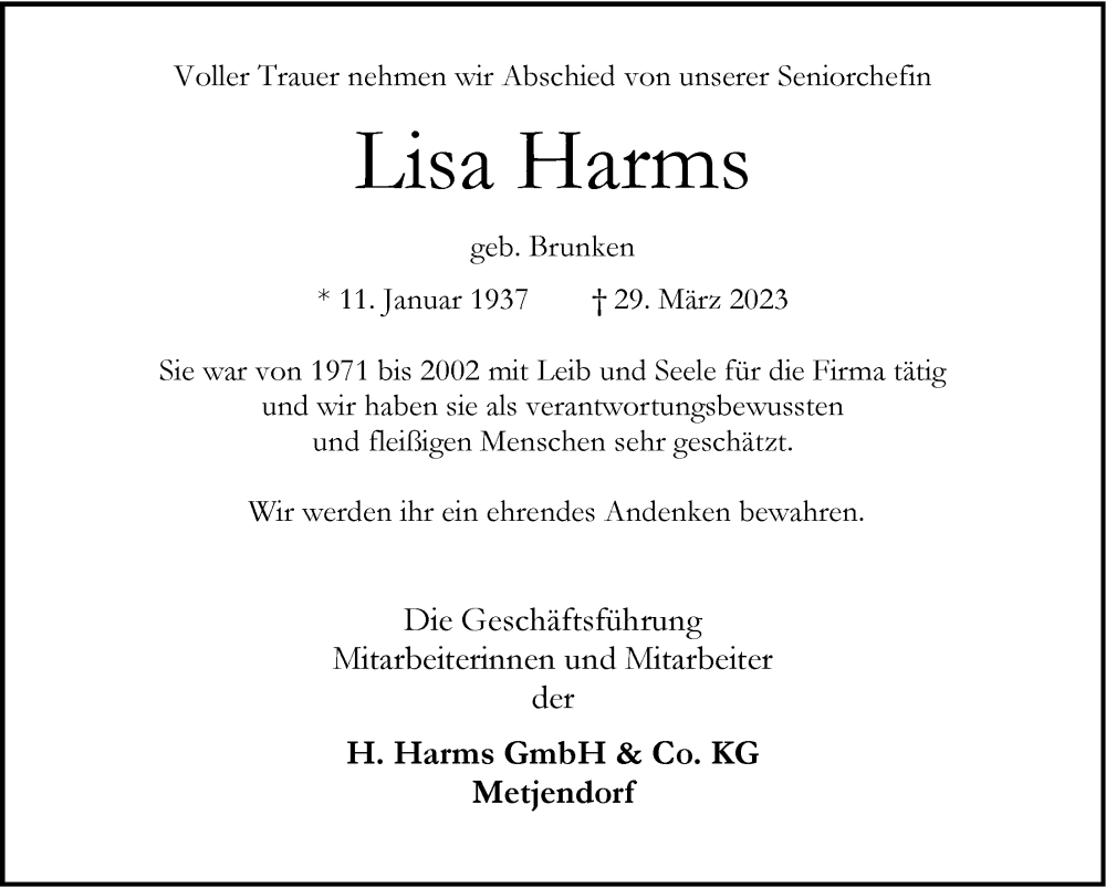  Traueranzeige für Lisa Harms vom 06.04.2023 aus Nordwest-Zeitung