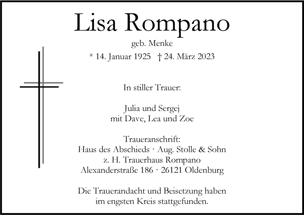  Traueranzeige für Lisa Rompano vom 08.04.2023 aus Nordwest-Zeitung