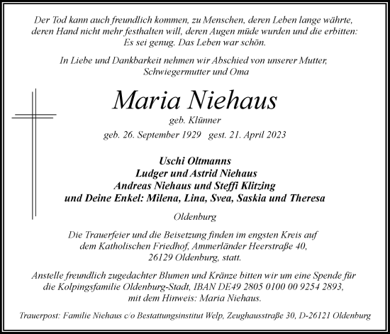 Traueranzeige von Maria Niehaus von Nordwest-Zeitung