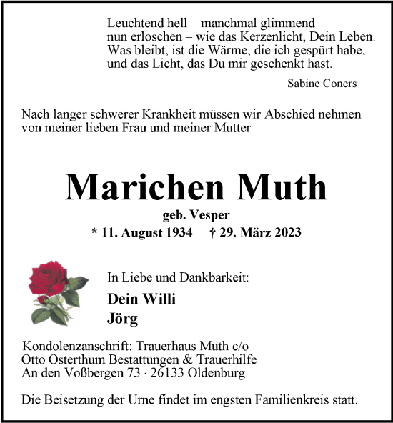 Traueranzeige von Marichen Muth von Nordwest-Zeitung