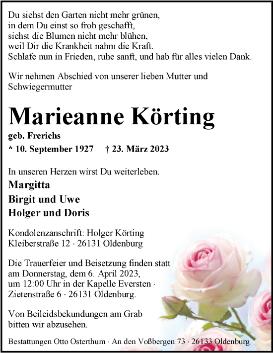 Traueranzeige von Marieanne Körting von Nordwest-Zeitung