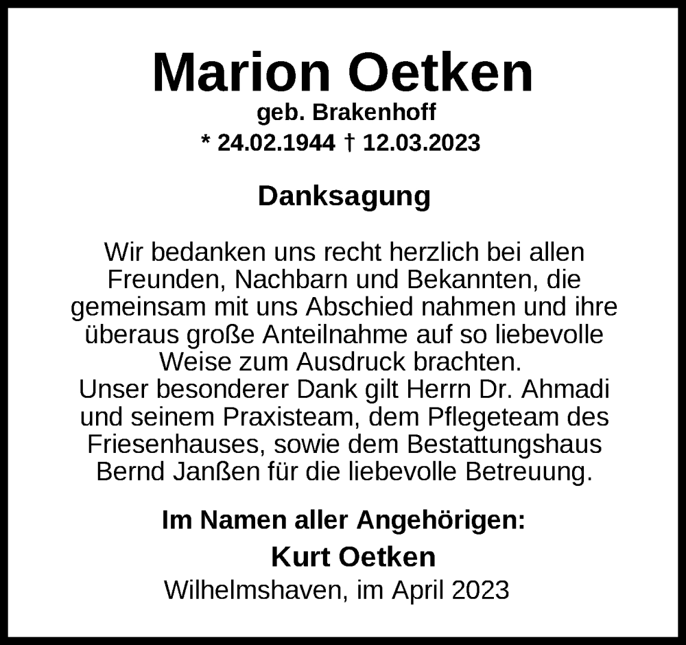  Traueranzeige für Marion Oetken vom 08.04.2023 aus WZ/JW/AH