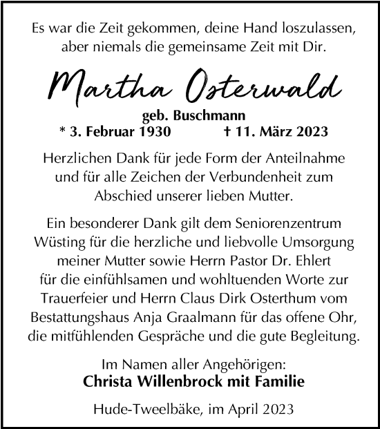 Traueranzeige von Martha Osterwald von Nordwest-Zeitung