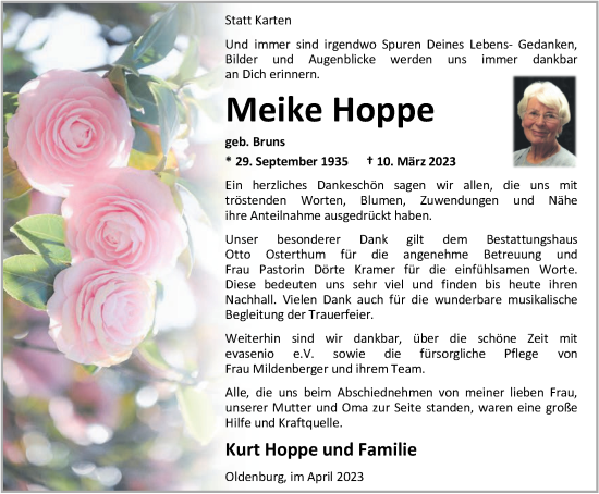 Traueranzeige von Meike Hoppe von Nordwest-Zeitung