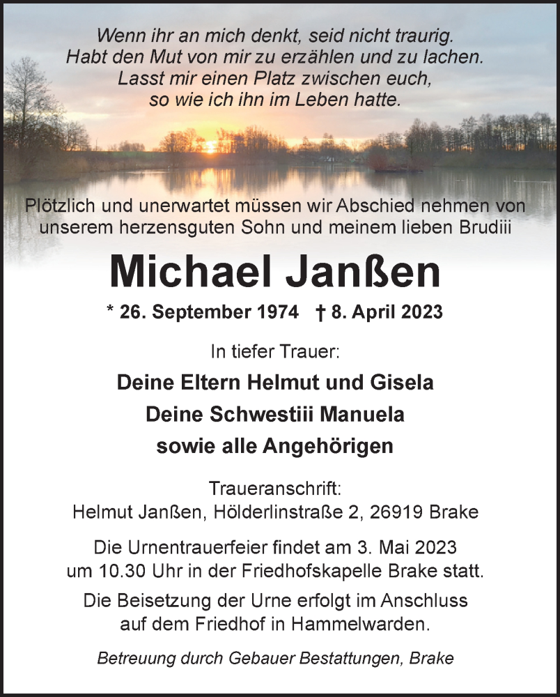  Traueranzeige für Michael Janßen vom 26.04.2023 aus Nordwest-Zeitung
