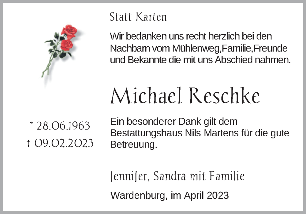  Traueranzeige für Michael Reschke vom 08.04.2023 aus Nordwest-Zeitung