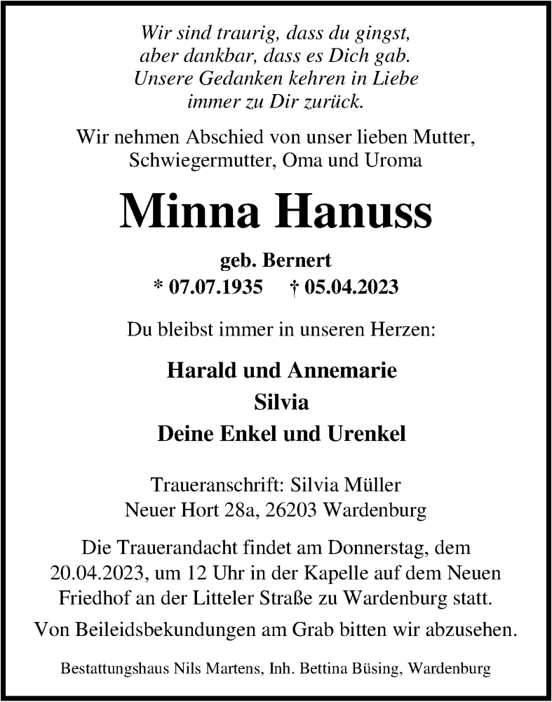  Traueranzeige für Minna Hanuss vom 11.04.2023 aus Nordwest-Zeitung