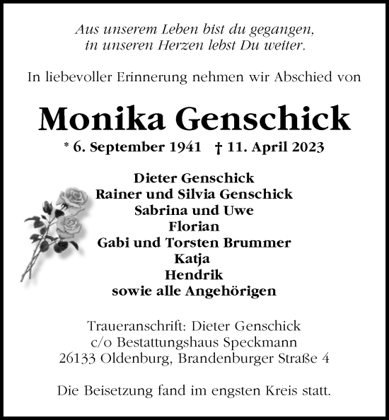 Traueranzeige von Monika Genschick von Nordwest-Zeitung