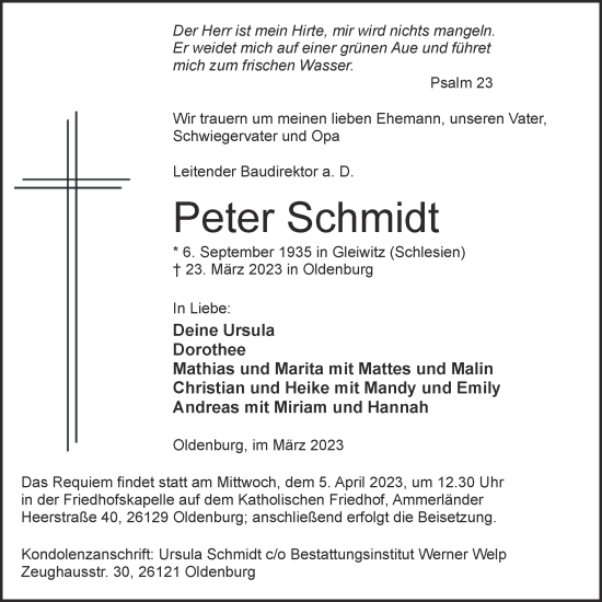Traueranzeige von Peter Schmidt von Nordwest-Zeitung