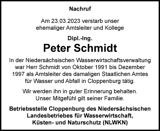 Traueranzeige von Peter Schmidt von Nordwest-Zeitung