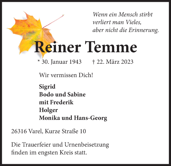 Traueranzeige von Rainer Temme von Nordwest-Zeitung