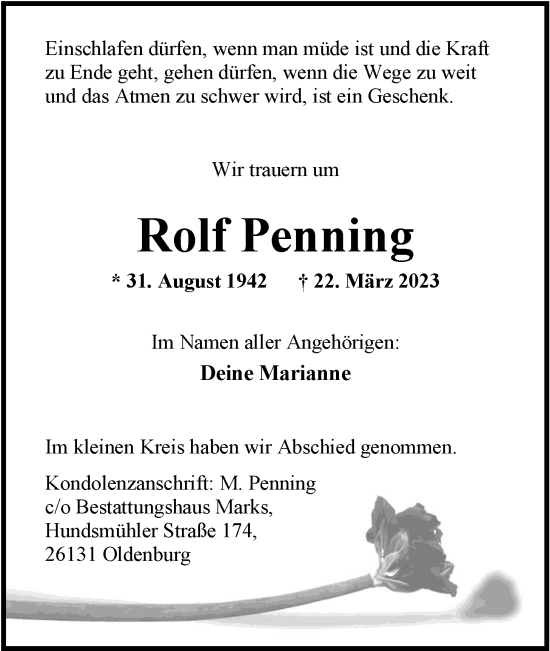 Traueranzeige von Rolf Penning von Nordwest-Zeitung