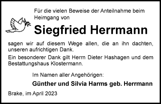 Traueranzeige von Siegfried Herrmann von Nordwest-Zeitung