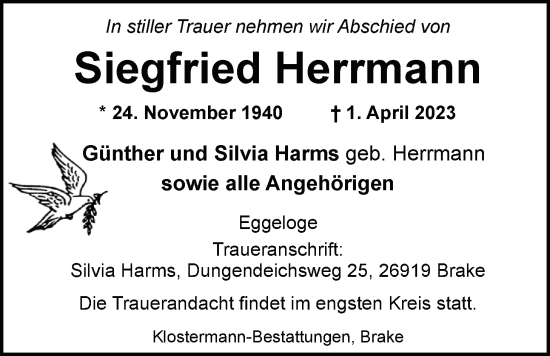 Traueranzeige von Siegfried Herrmann von Nordwest-Zeitung