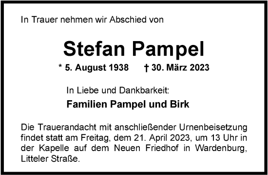 Traueranzeige von Stefan Pampel von Nordwest-Zeitung