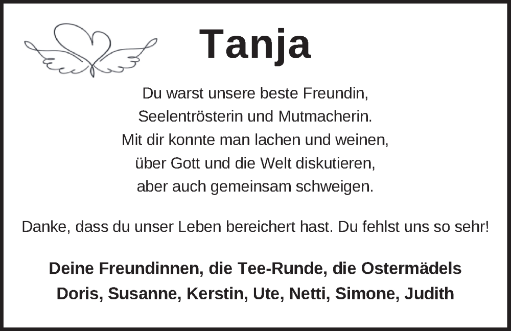  Traueranzeige für Tanja von Häfen vom 12.04.2023 aus Nordwest-Zeitung